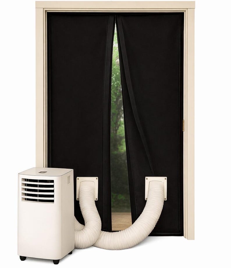 Aleflyt magnetic door curtain with two hose ports connected to a portable air conditioner